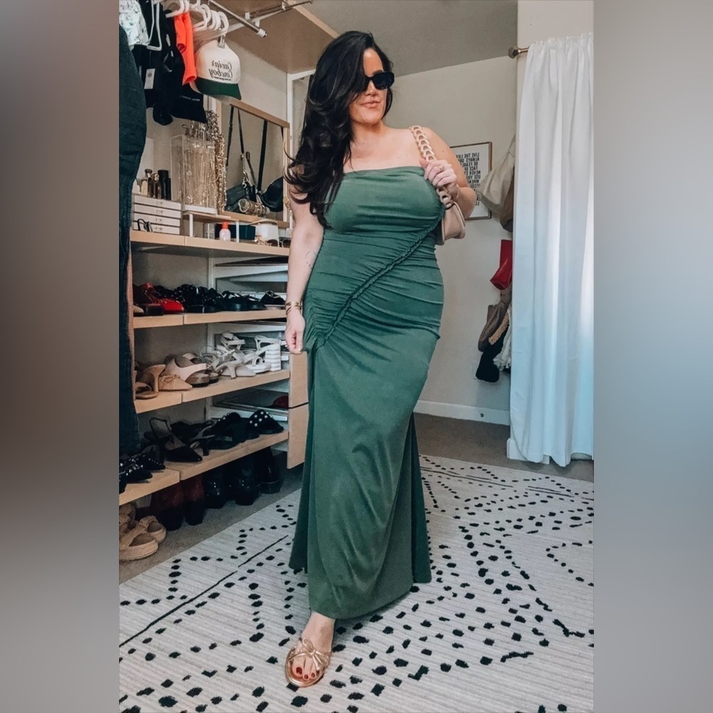 Anthropologie maxi dress The Gabbie Strapless Ruched Tube midi Celandine teal